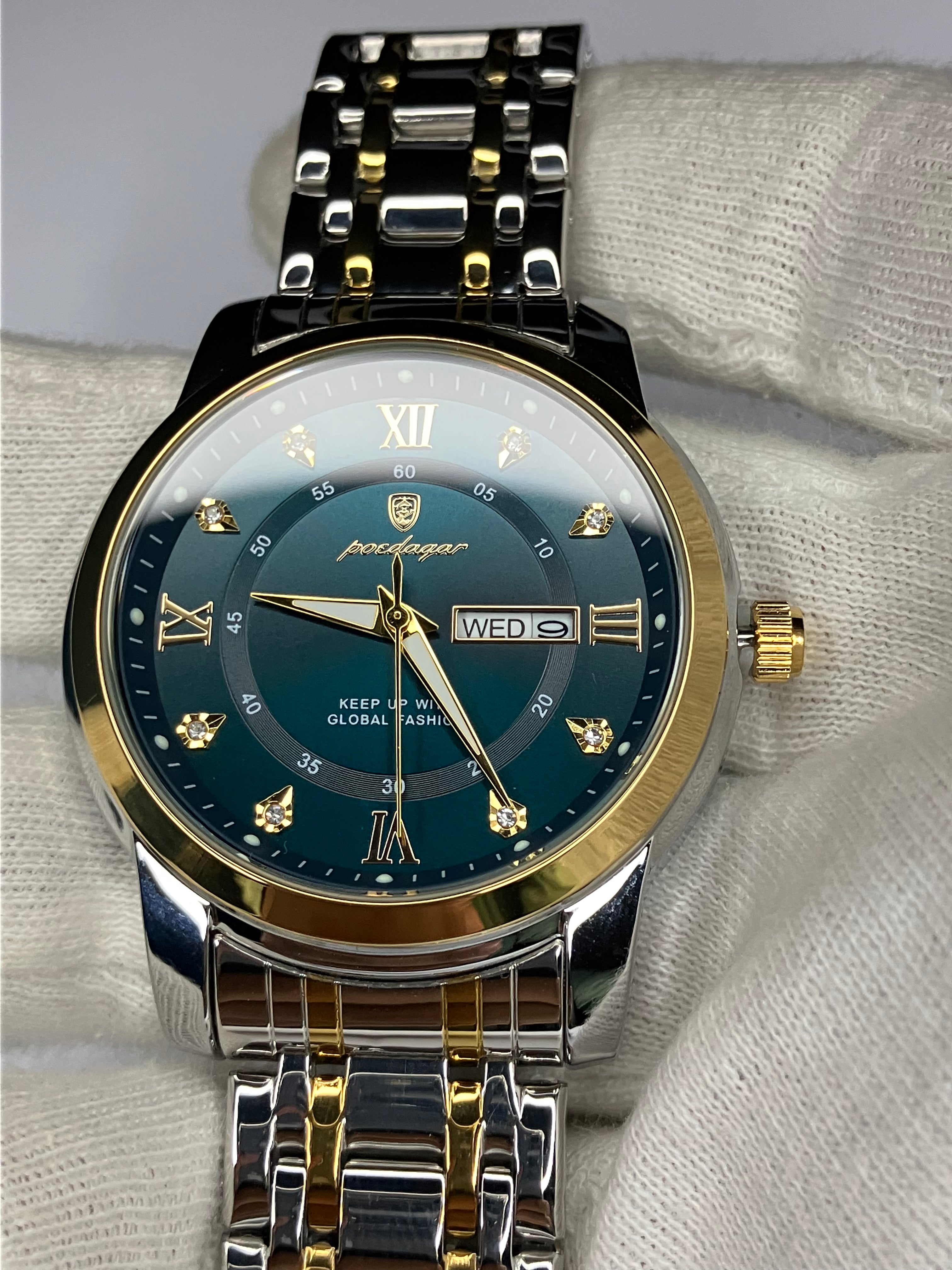 Luxury Green Dial Men's Watch – Dual-Tone Steel Strap | Day & Date Display