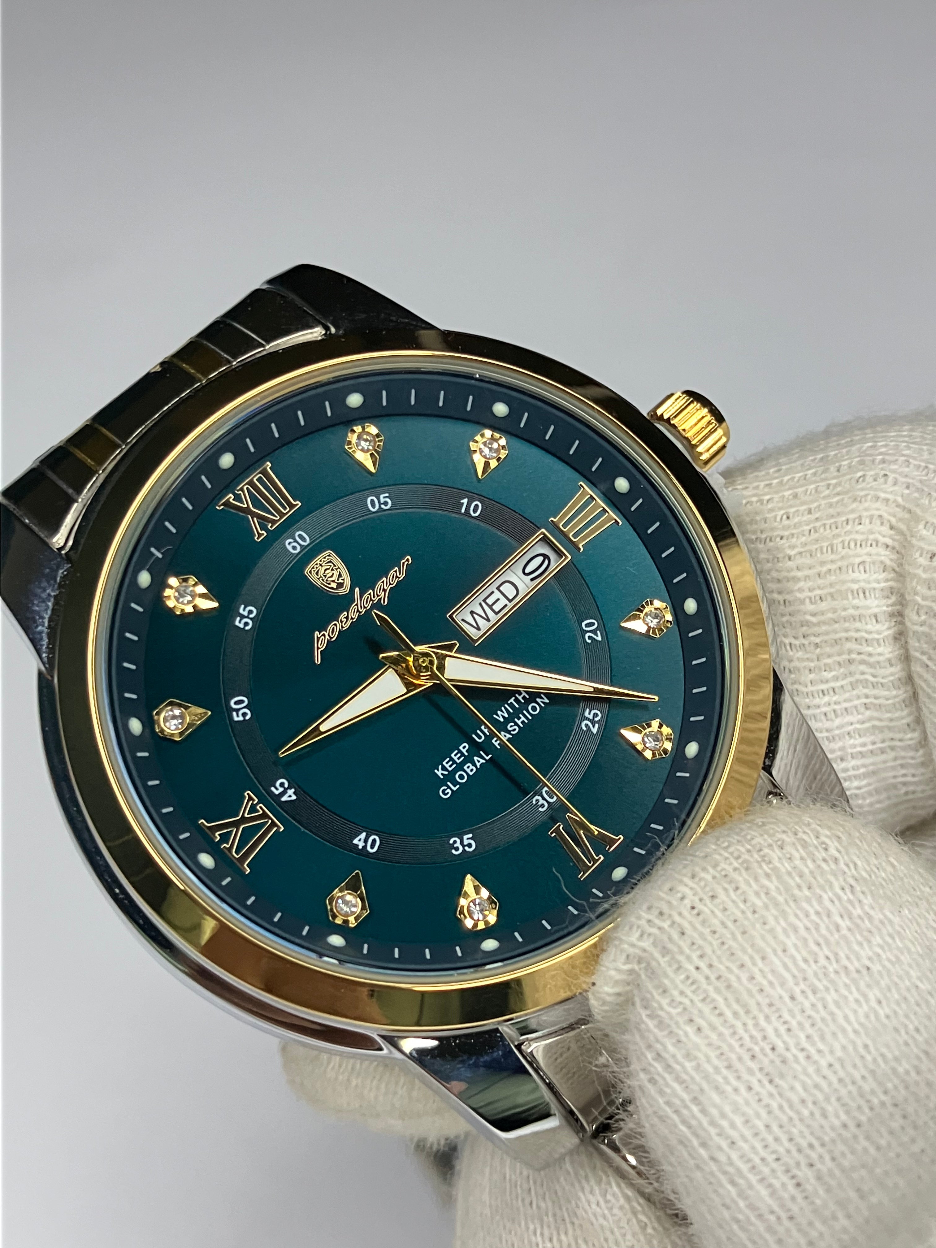 Luxury Green Dial Men's Watch – Dual-Tone Steel Strap | Day & Date Display