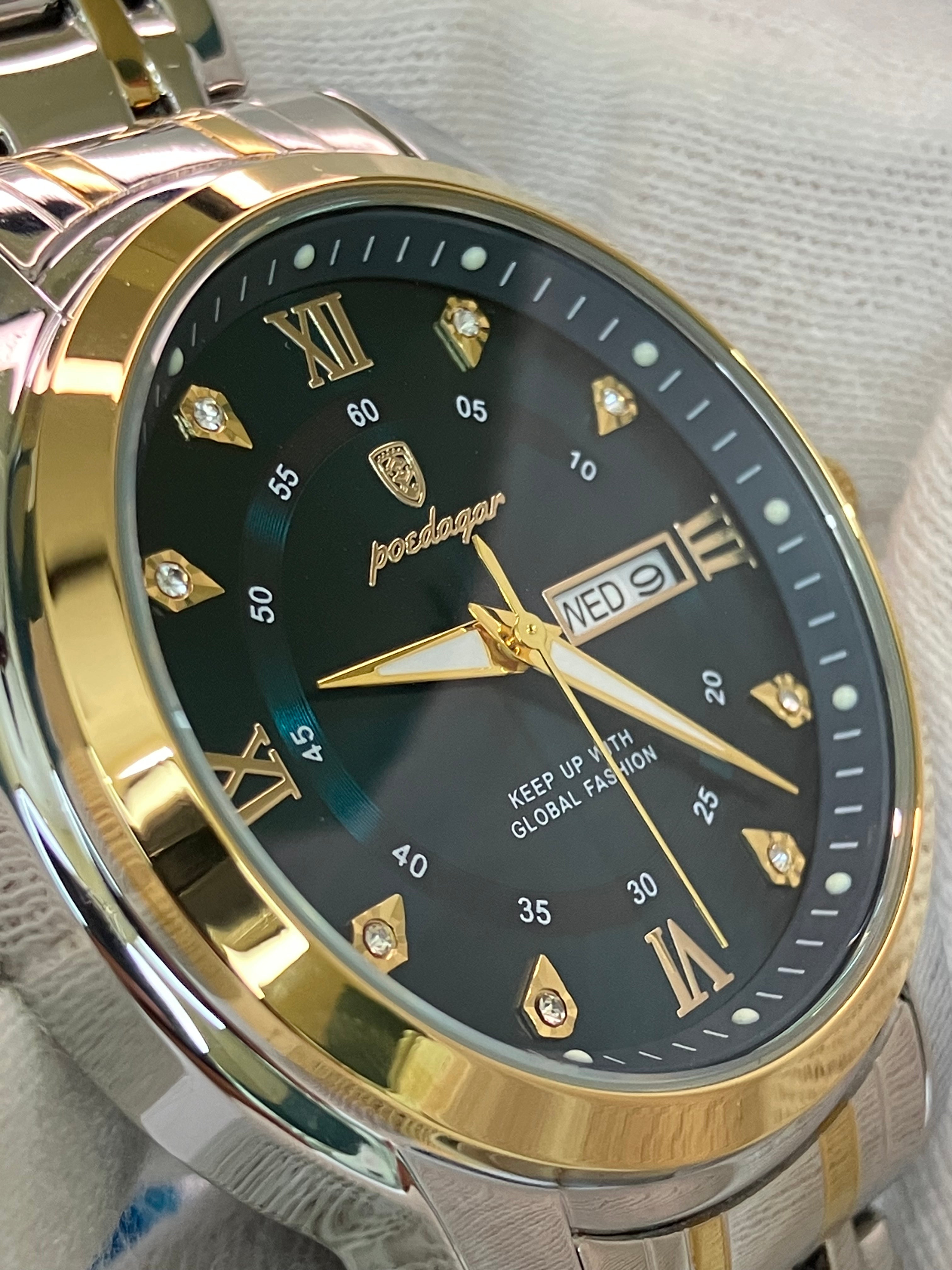 Luxury Green Dial Men's Watch – Dual-Tone Steel Strap | Day & Date Display