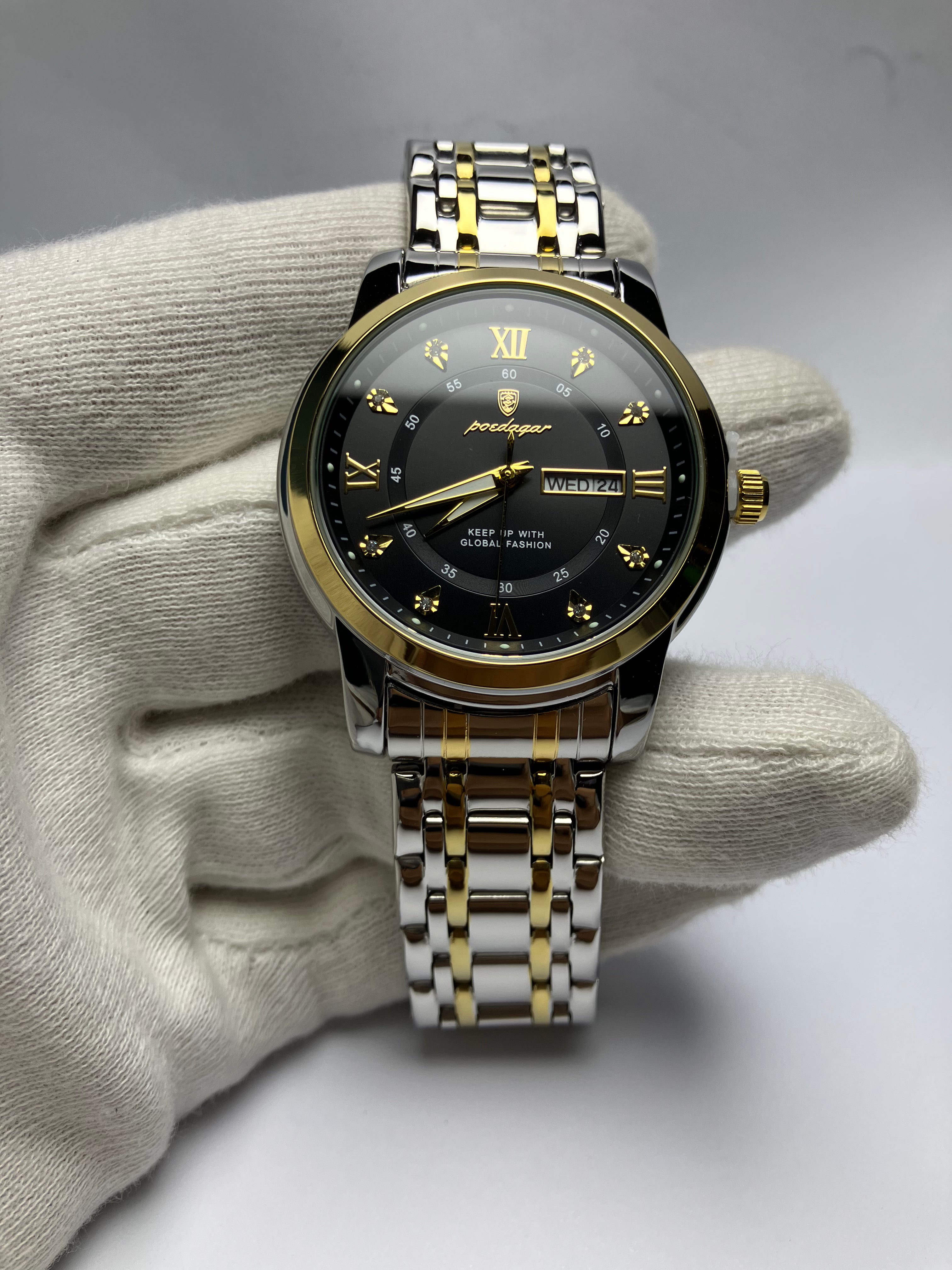 Luxury Green Dial Men's Watch – Dual-Tone Steel Strap | Day & Date Display