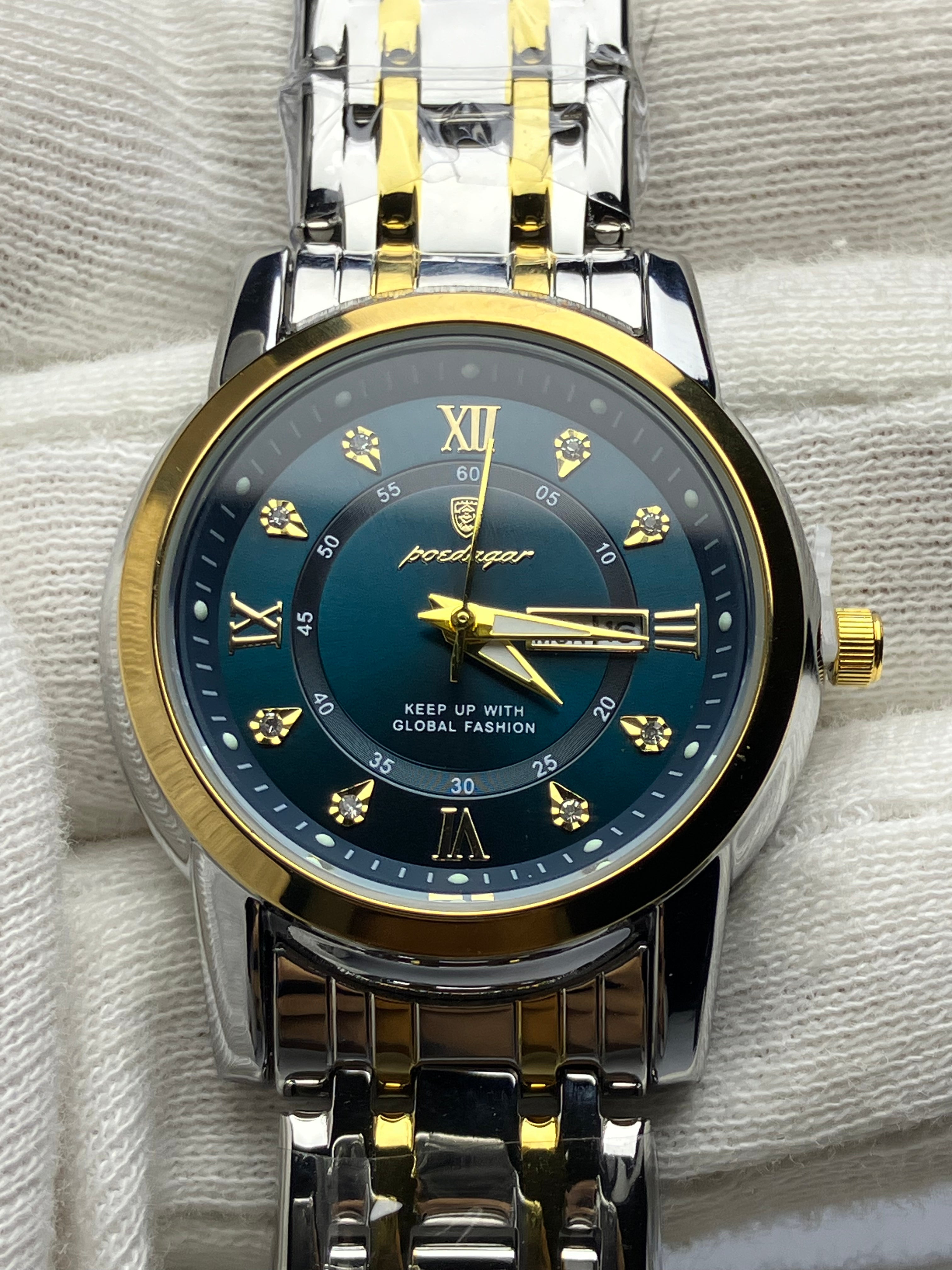 Luxury Green Dial Men's Watch – Dual-Tone Steel Strap | Day & Date Display