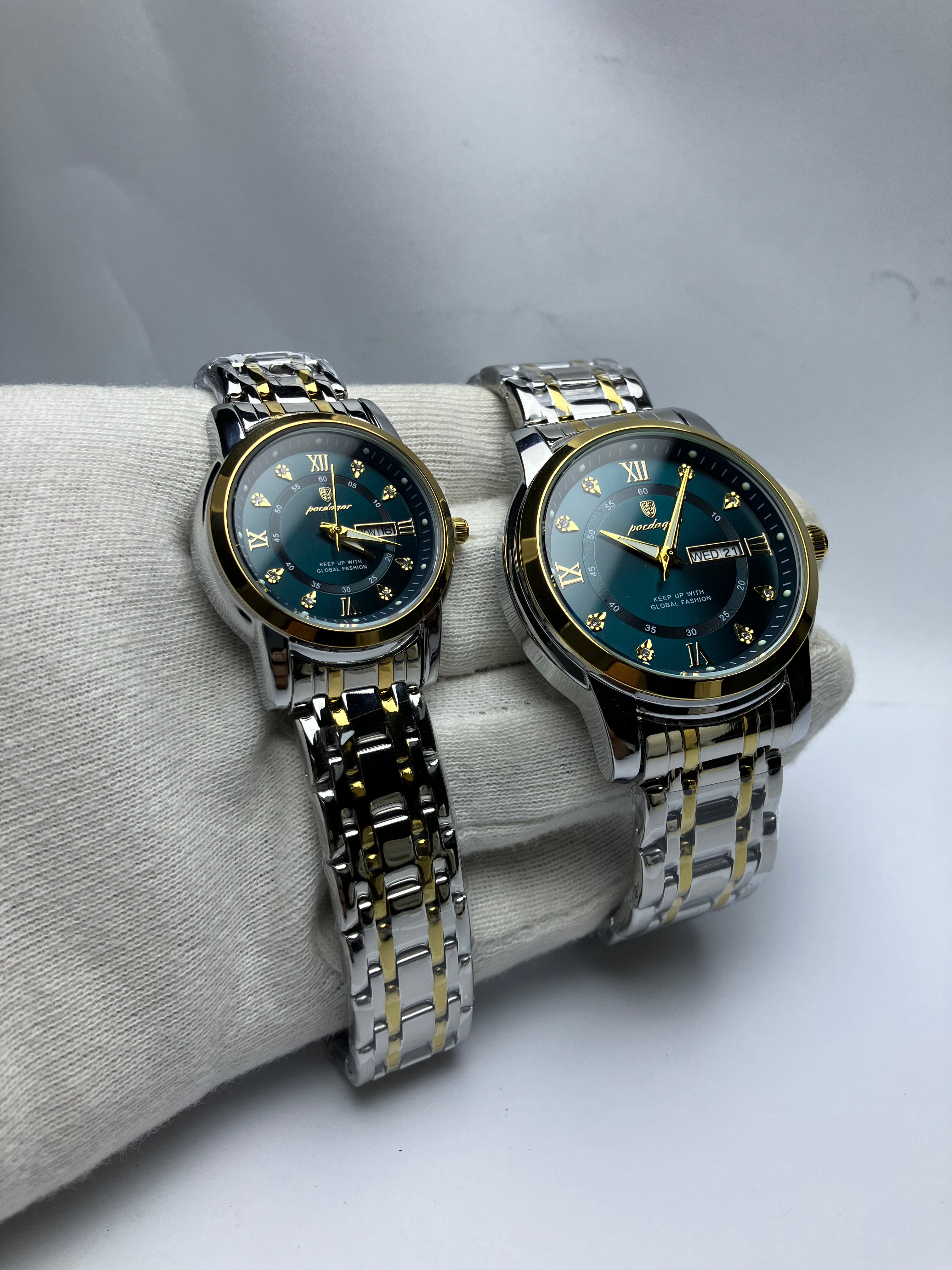 Luxury Green Dial Men's Watch – Dual-Tone Steel Strap | Day & Date Display