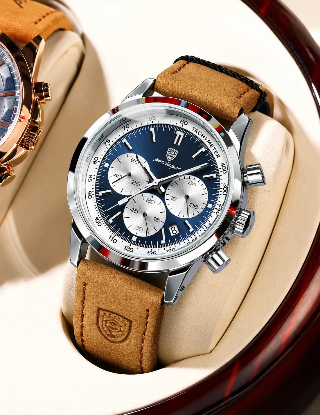 POEDAGAR Signature Watch Men Blue Dial Date Luminous 2 Straps