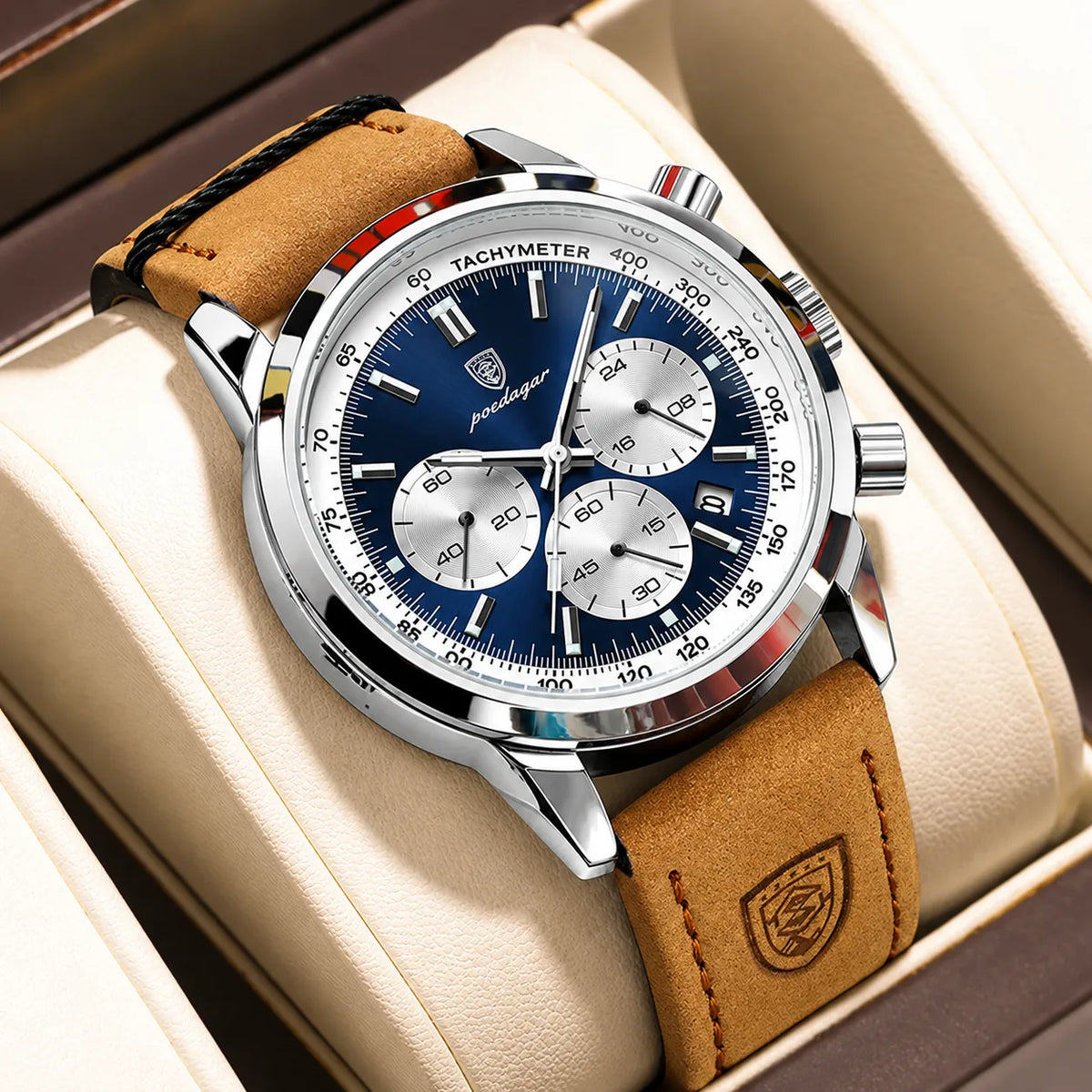 POEDAGAR Signature Watch Men Blue Dial Date Luminous 2 Straps