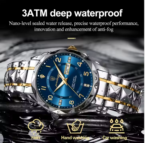 Men's Luxury Quartz Watch – Waterproof, Luminous, Day & Date Display, Stainless Steel Strap