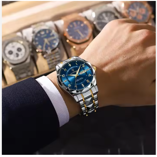 Men's Luxury Quartz Watch – Waterproof, Luminous, Day & Date Display, Stainless Steel Strap