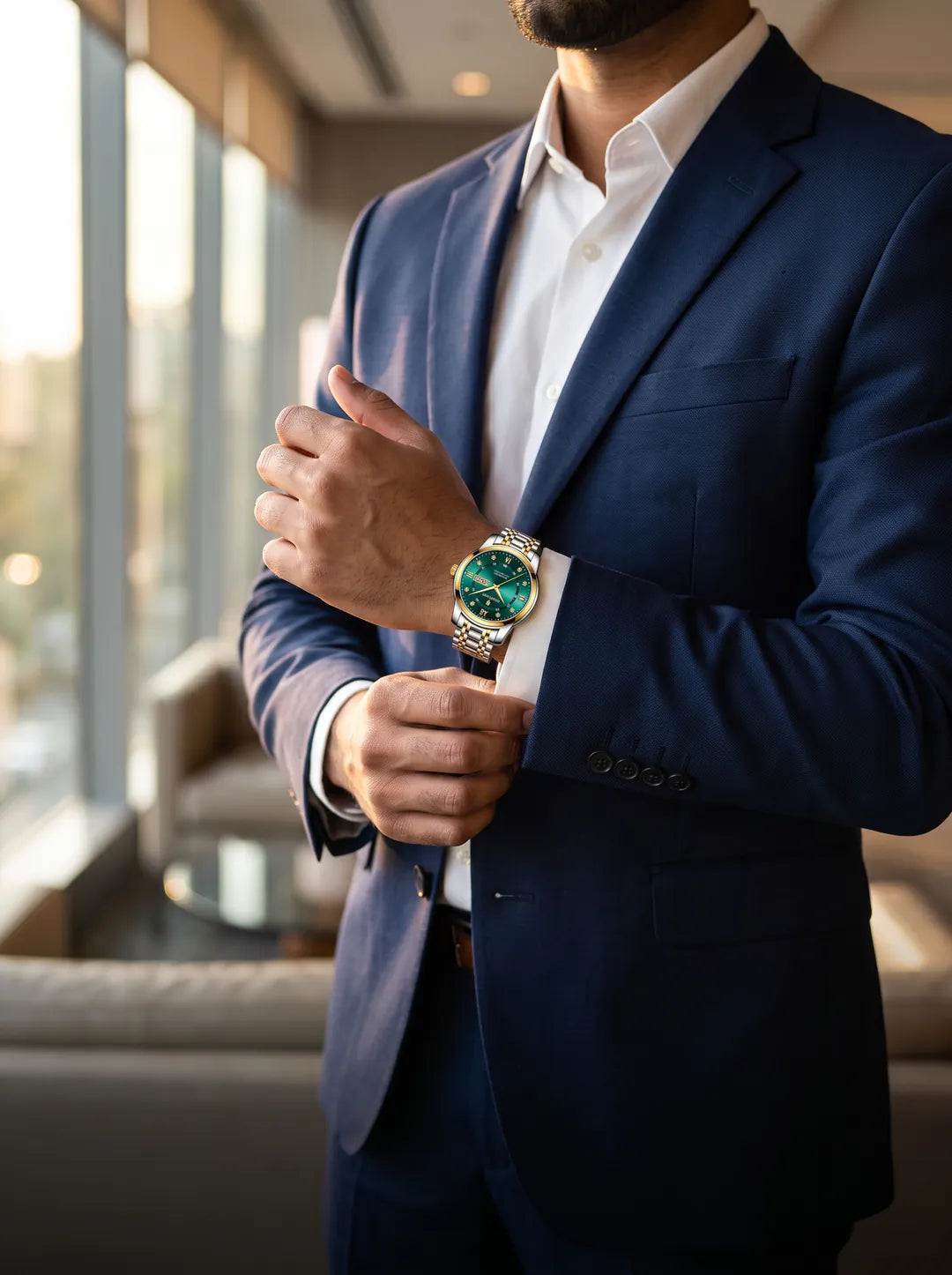 Man in navy suit wearing POEDAGAR 936 Royal Green watch - For Him