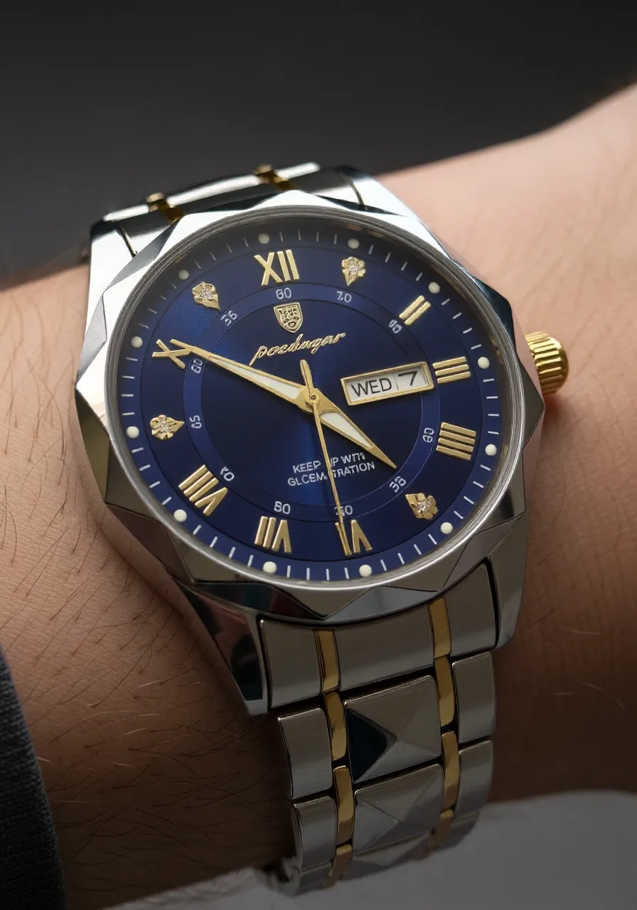 Elegant Men's Dual-Tone Wristwatch – Royal Blue Dial with Day & Date Display